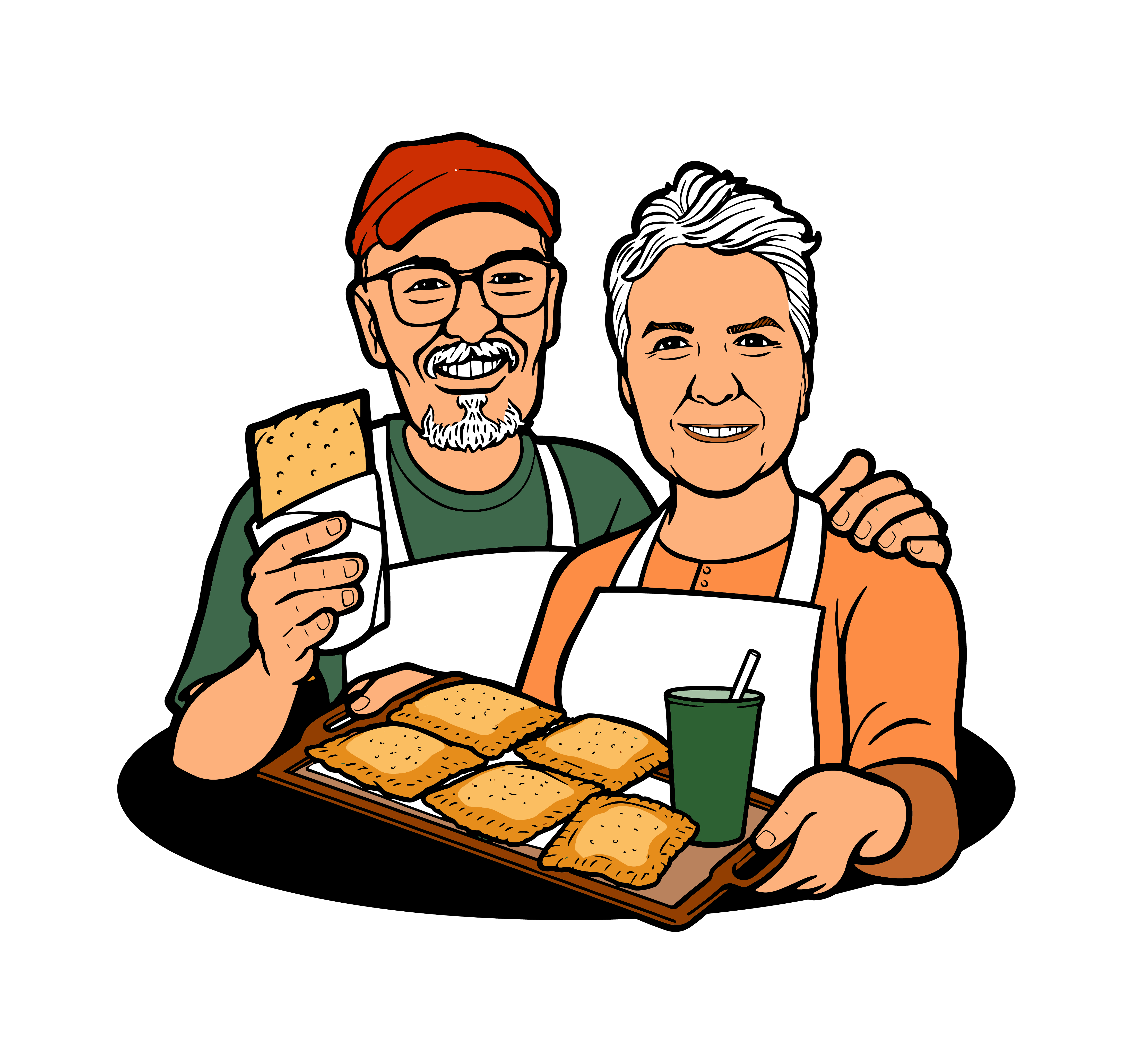 O casal dos Pastéis do Gaúcho com uma bandeja de pastéis